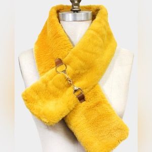 Horsebit detailing on Super Luxurious Mustard Faux Fur crossover Scarf